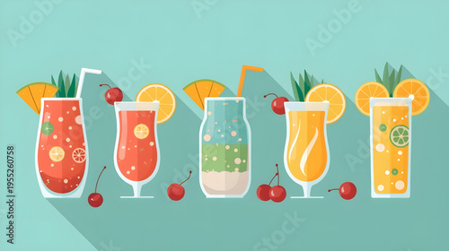 Vibrant summer cocktails with garnishes arranged on a table