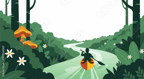 A person in a canoe paddles down a winding river through a lush green forest with mushrooms and flowers.