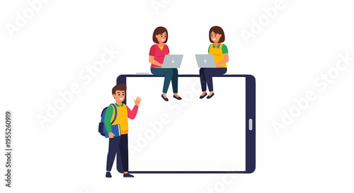 Three individuals using laptops on a large smartphone, symbolizing digital education and connectivity.