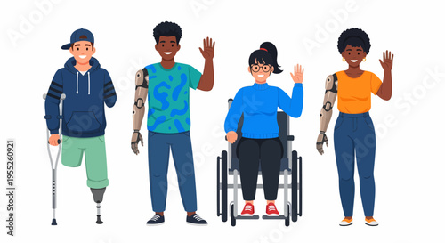 Diverse group of happy people with disabilities, including prosthetic limbs and a wheelchair, waving.