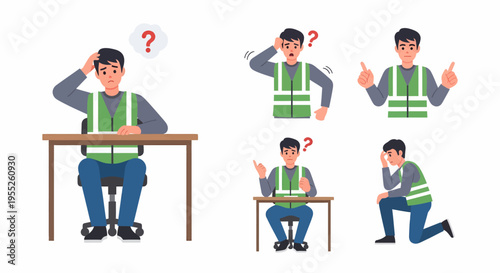 A man in a high-visibility vest showing various expressions of confusion, surprise, and thought, including sitting at a desk and kneeling.