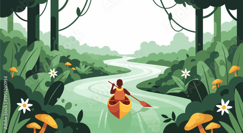 Person paddling a canoe down a winding river through a lush green jungle forest.