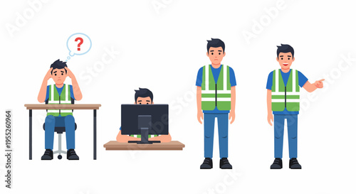 Man in safety vest showing different poses and emotions, including confusion and pointing.