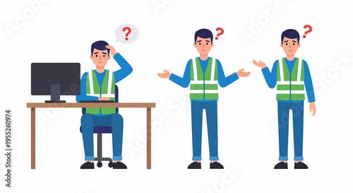 A man in a safety vest looking confused and unsure in three different poses.