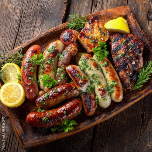 A rustic wooden platter filled with an assortment of grilled sausages and meats, garnished with fresh herbs and lemon wedges