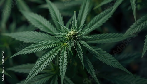 Wallpaper Mural Cannabis Plant's Serene Presence: A close-up view of a vibrant cannabis plant, showcasing its intricate leaves and delicate bud, exuding a sense of natural beauty and tranquility. Torontodigital.ca