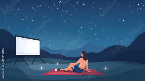 A woman watches a movie under the stars on a blanket outside at night.