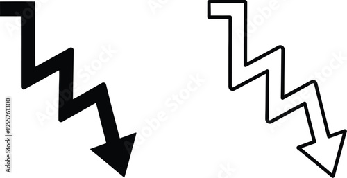 Zigzag arrows downward trend icons isolated on transparent background, Vector