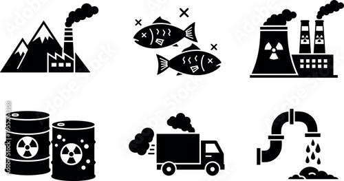 Industrial Pollution and Environmental Contamination Icons Set with Factory Smoke, Toxic Waste Barrels, Dead Fish and Dirty Water