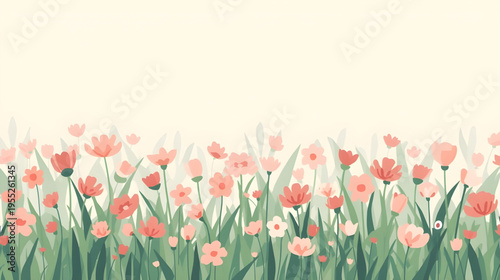 Vibrant pink flowers bloom in a lush green field of grass on a sunny day with a clear sky overhead now