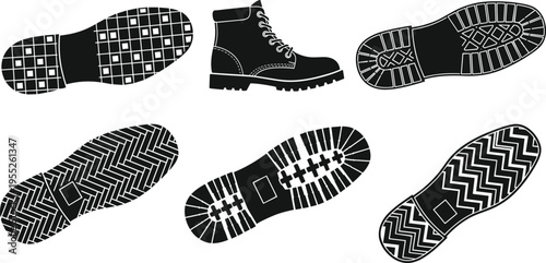 Vector illustration set of black boot sole footprints and work boot silhouette with various tread patterns isolated on white background for industrial design