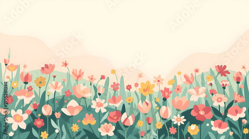 Vibrant flowers bloom in a serene landscape with lush greenery and colorful blossoms under a sunny sky with distant mountains.