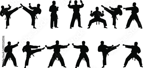 Vector illustration set of martial arts silhouettes with karate and taekwondo fighters in various combat poses and kicks isolated on white background for sports