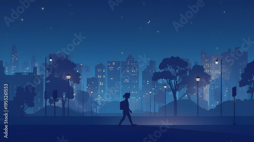 A person walks alone on a city street at night with buildings trees and streetlights
