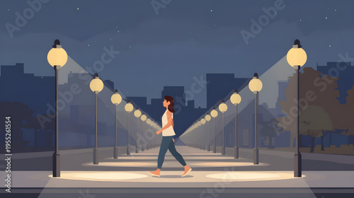 A woman walks alone on a city street at night under lit lamp posts.