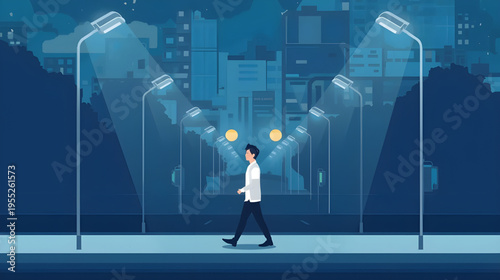 A man walks alone on a city street at night under street lamps.