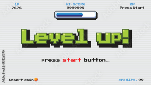 Pixel art game level up background.Video game level up background. Retro 8 bit video game interface with You Win text, computer game level up background.	