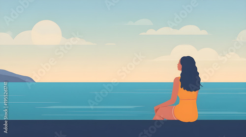 Woman sits on a ledge overlooking the serene ocean landscape at sunset