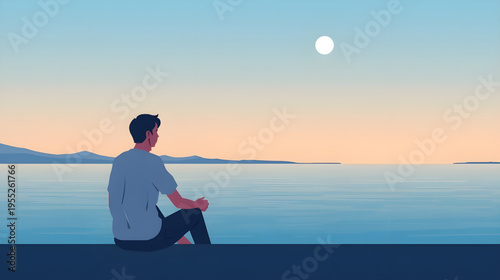 A man sits alone on a ledge overlooking a serene body of water at dusk with a full moon rising.