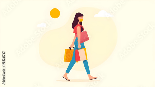 Woman walks outside with shopping bags under sunny sky with clouds