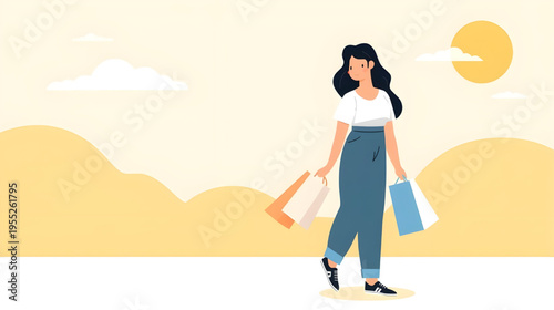 Woman walks with shopping bags on sunny day in outdoor setting with yellow scenery