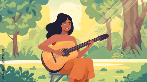 Woman plays guitar sitting under trees in a serene park environment outdoors.