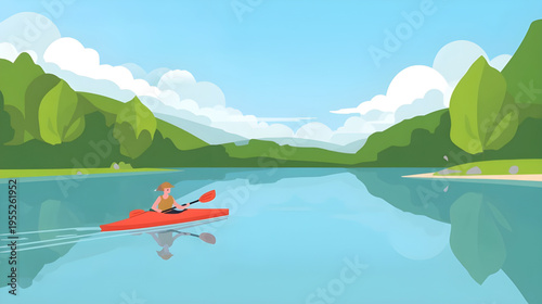A person kayaks on a serene lake surrounded by lush green mountains and trees under a blue sky with clouds.