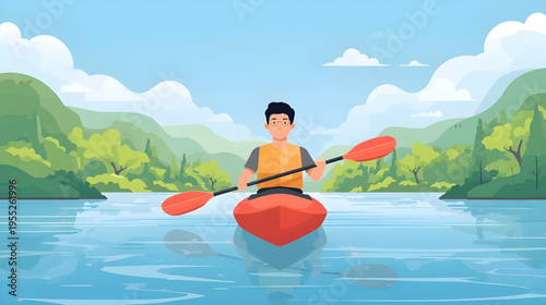 Person kayaking on serene lake surrounded by lush green mountains and trees