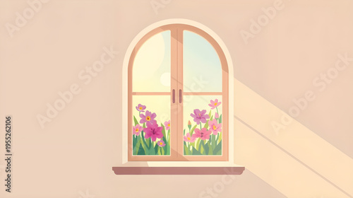 Sunlight enters through an arched window with flowers outside