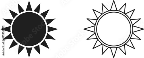 Black and white sun icons isolated on transparent background, Vector
