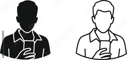 Silhouettes of two men holding smartphones isolated on transparent background, Vector