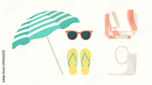 Beach scene with striped umbrella, sunglasses, flip flops, and sandals on sand.