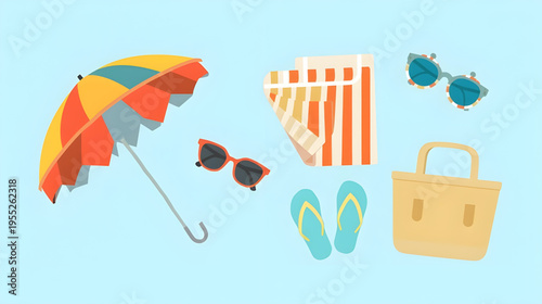 Beach scene with colorful umbrella, sunglasses, flip flops, bag, and towel on sand