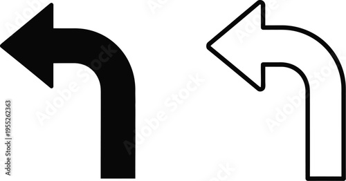 Black and white arrows turning left isolated on transparent background, Vector