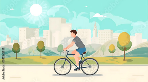 Man riding bicycle on road with trees and buildings in background on sunny day