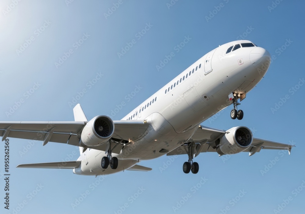 Fototapeta premium A white airplane flying through a clear blue sky