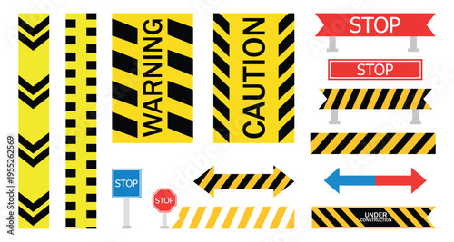 caution tape set of yellow and black. Warning Stripes Line Vector, Safety Caution Hazard Tape, Danger Road Symbol, Long Ribbon Border Design. vector