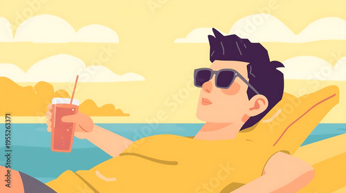 Man relaxing on beach with drink and sunglasses on sunny day