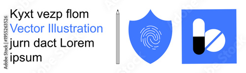 Digital security, biometrics, healthcare design, abstract art, creative presentation, technology concepts. A pen, fingerprint shield and pills icon . Digital security and biometrics concept