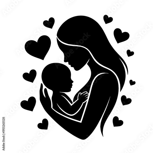A silhouette of a mother embracing her baby with hearts surrounding them.