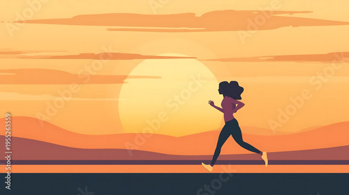 Woman runs on road at sunset with hills and orange sky in background