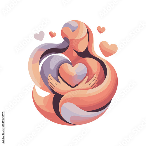 Abstract illustration of a person embracing their heart with love.