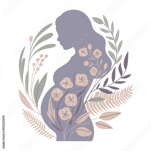A silhouette of a pregnant person surrounded by floral design.