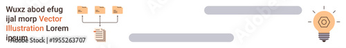 Data management, creative thinking, file sharing, innovation, business strategy, digital organization. File folders connected to data and a glowing lightbulb. Data management and creative thinking