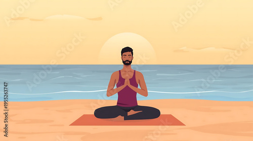Man practicing yoga on beach at sunset with meditation and relaxation outdoors