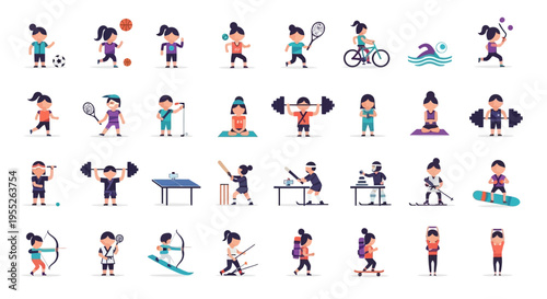 Illustration set of a business team and children in action featuring a collection of people silhouettes, soccer sport icons, and cartoon vector symbols of men and women having fun