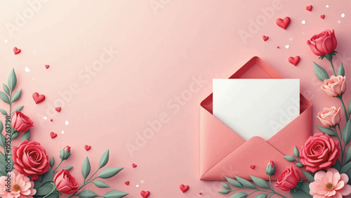 Valentine's Day pink envelope with roses and hearts vector