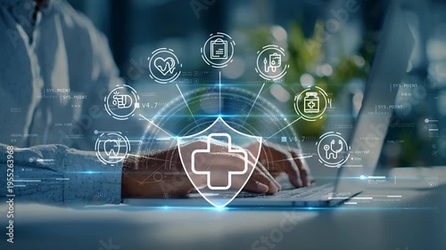 Doctor using laptop as glowing medical shield icon connects treatment, dental care and health services, illustrating integrated digital healthcare and patient safety