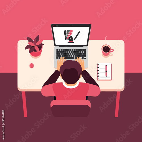 Person working on laptop at desk with coffee and plant.