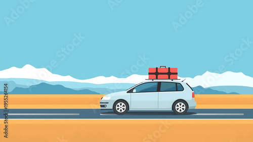 A car drives down a road with mountains in the background and luggage on top, depicting travel and adventure freely.